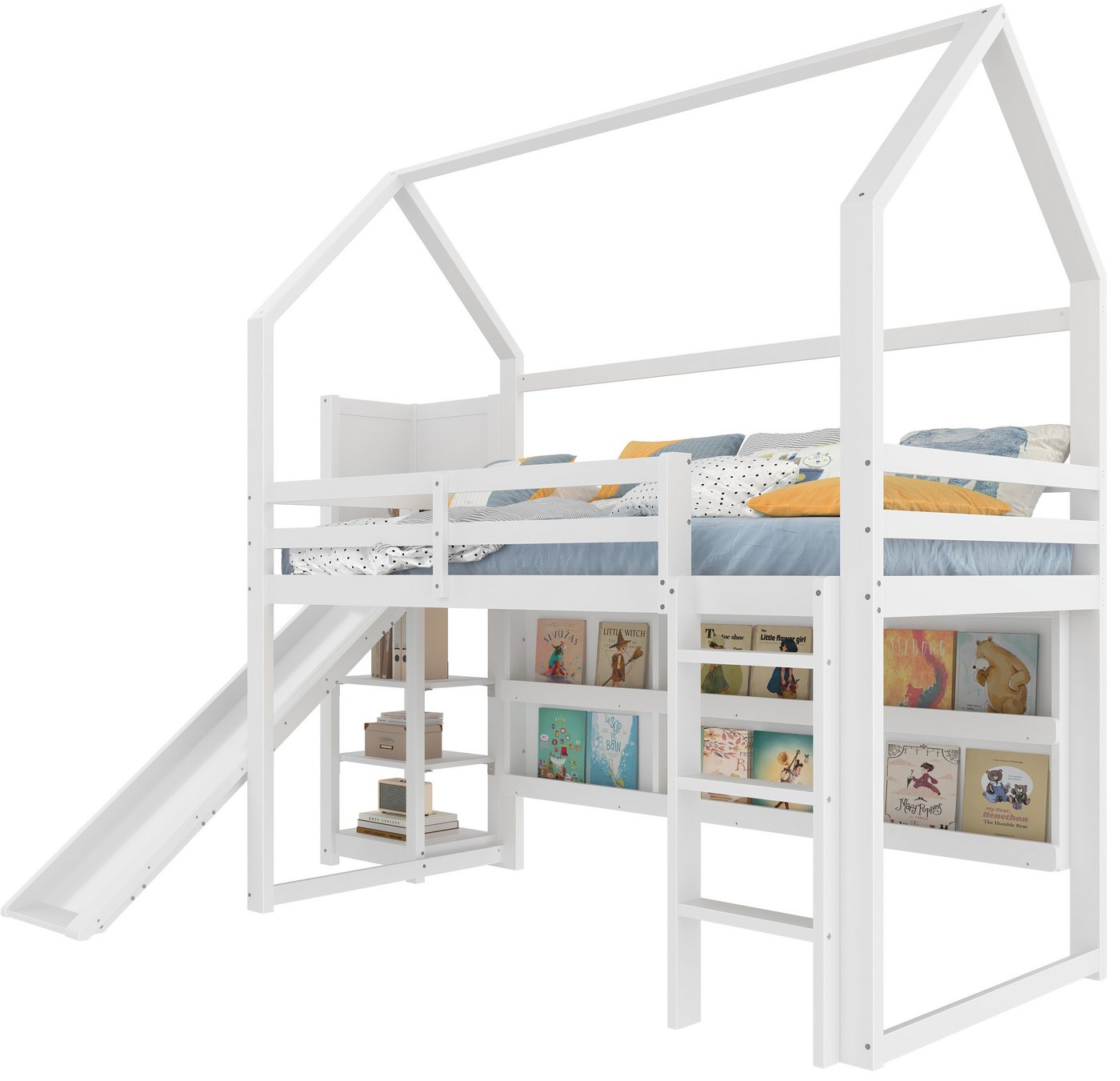 REDOM Kinderbett mit LED-Beleuchtung und Rutsche, Hausform & Regale (Holzbett Hochbett, Stabil aus Kiefernholz, 90x200 cm), Inklusive Matratze von REDOM