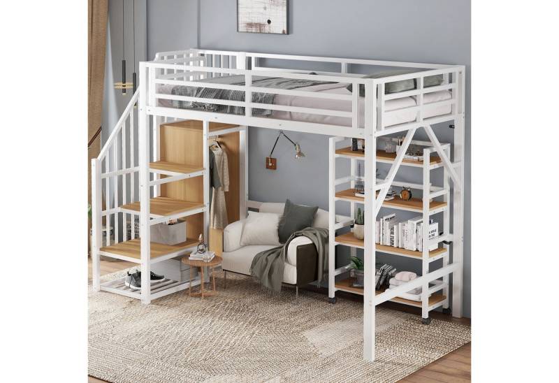 REDOM Kinderbett mit Rollregal, Kleiderschrank-Ecke und Sicherheitsgeländer (Metallbett Hochbett aus Eisen, 90x200cm), ohne Matratze von REDOM