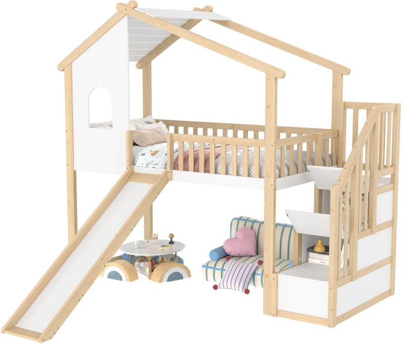 REDOM Kinderbett mit Rutsche, Stauraum & Sicherheitsgeländer (Hochbett aus Massivholz, 90x200 cm), ohne Matratze von REDOM