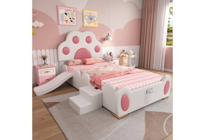 REDOM Kinderbett mit Rutsche & Leiter (Polsterbett Einzelbett, kunstleder-Oberfläche & Katzenpfoten-Kopfteil, 90x200 cm), ohne Matratze von REDOM