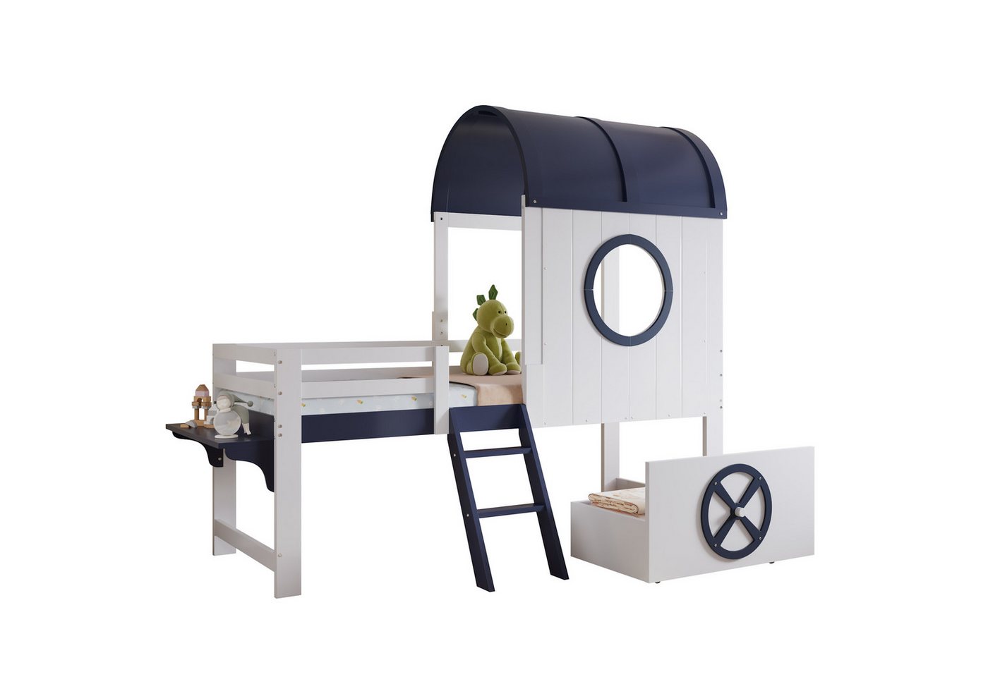 REDOM Kinderbett mit Schrägleiter & Schublade (Hausdesign mit Dach & Fenster, robustes Kiefernholz, Kinder-Hochbett 90x200 cm), Inklusive Matratze von REDOM