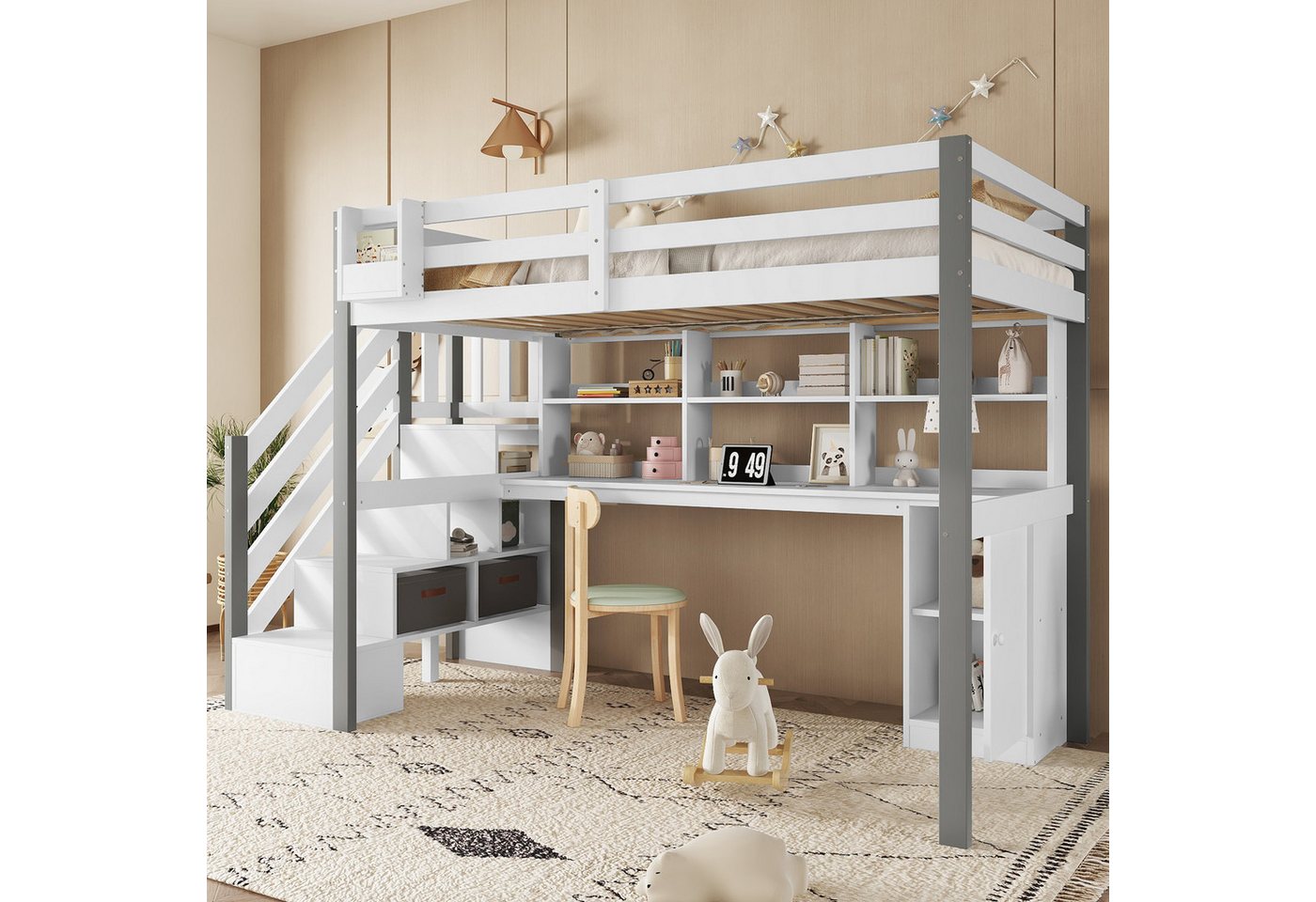 REDOM Kinderbett mit Schreibtisch & Stoffbox, Stauraumtreppe, Regal & Hängeschrank (90x200 cm, ideal für Kinder- & Jugendzimmer), ohne Matratze von REDOM