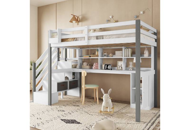 REDOM Kinderbett mit Schreibtisch & Stoffbox, Stauraumtreppe, Regal & Hängeschrank (90x200 cm, ideal für Kinder- & Jugendzimmer), ohne Matratze von REDOM