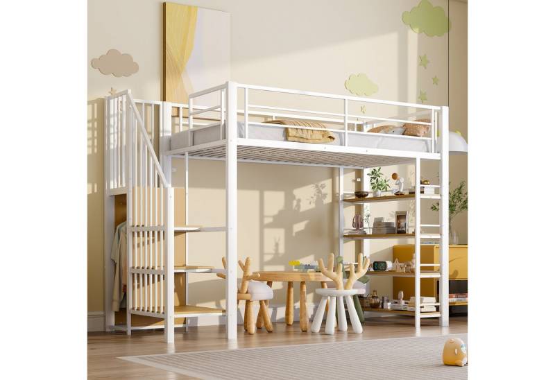 REDOM Kinderbett mit Sicherheitstreppe, Kleiderschrank und Stauraum (Hochbett Einzelbett mit hohem Zaun und Regalen, 90x200 cm), ohne Matratze von REDOM