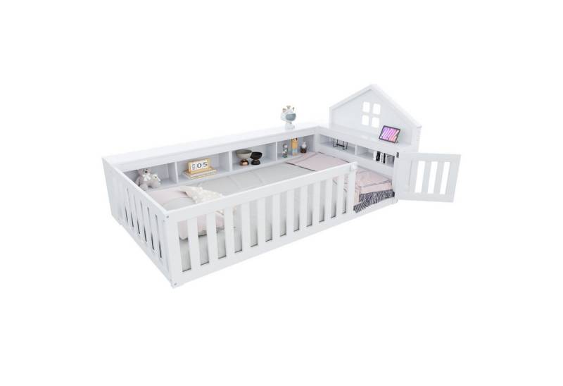 REDOM Kinderbett mit Stauraum, Sicherheitsgitter & Tür (Stauraumbett Holzbett, mit Dach, Fenster, Inklusive Lattenrost 90x200 cm, Perfekt für Jungen & Mädchen), ohne Matratze von REDOM