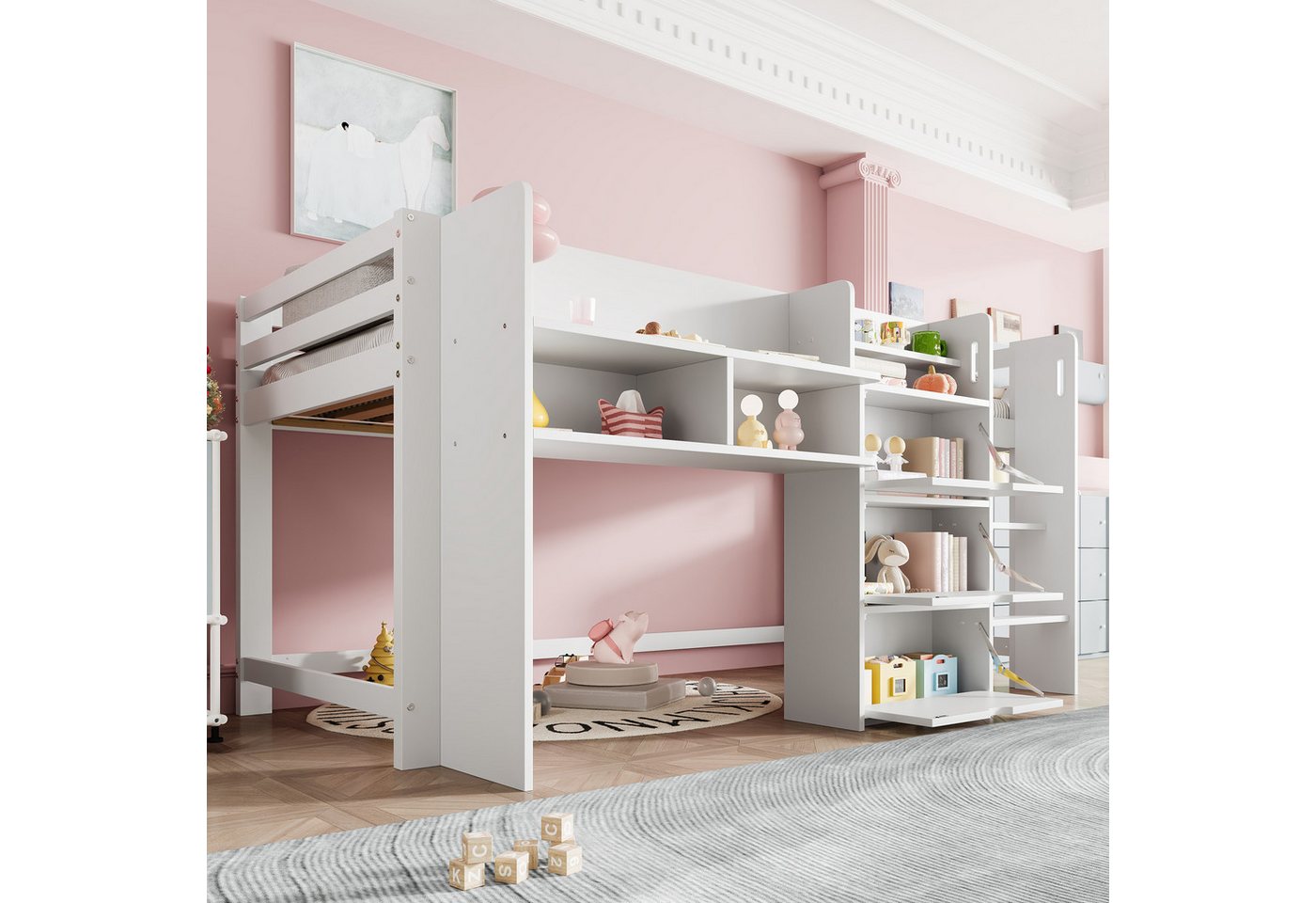 REDOM Kinderbett mit Stauraum, integrierter Entertainment-Bereich & stabiler Leiter (Halbhohes Holzbett, Hausform, 90x200 cm), ohne Matratze von REDOM