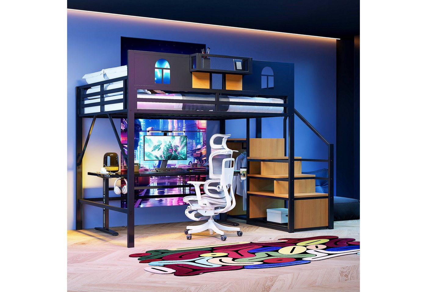 REDOM Kinderbett mit Stauraumleiter & Fenster, Ablage und Netzgewebe (Metall-Hochbett, Funktionsbett, 140x200cm), Inklusive Matratze von REDOM