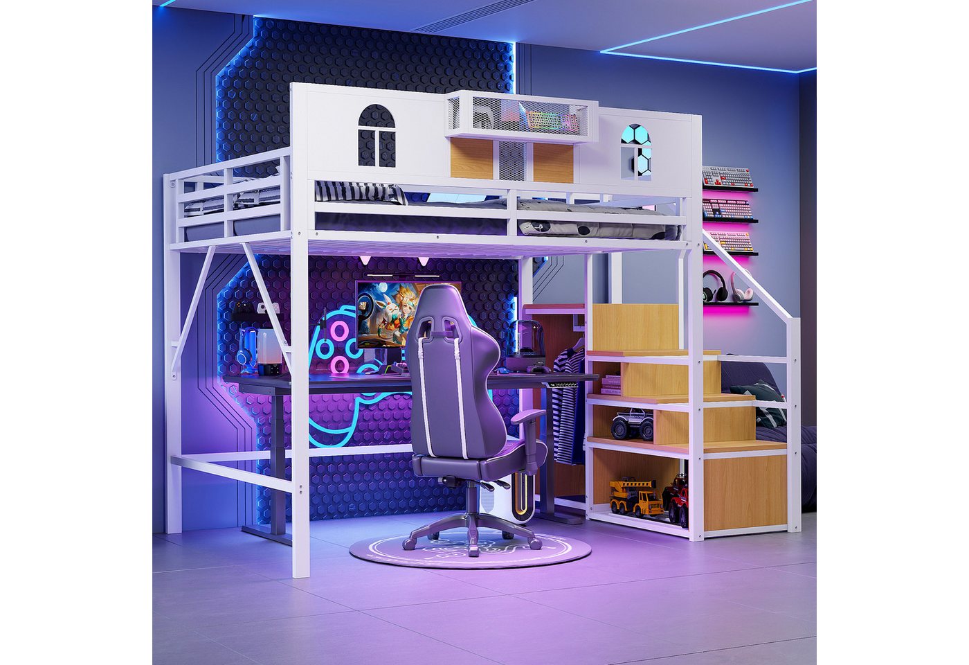 REDOM Kinderbett mit Stauraumleiter & Fenster, Ablage und Netzgewebe (Metall-Hochbett, Funktionsbett, 140x200cm), ohne Matratze von REDOM