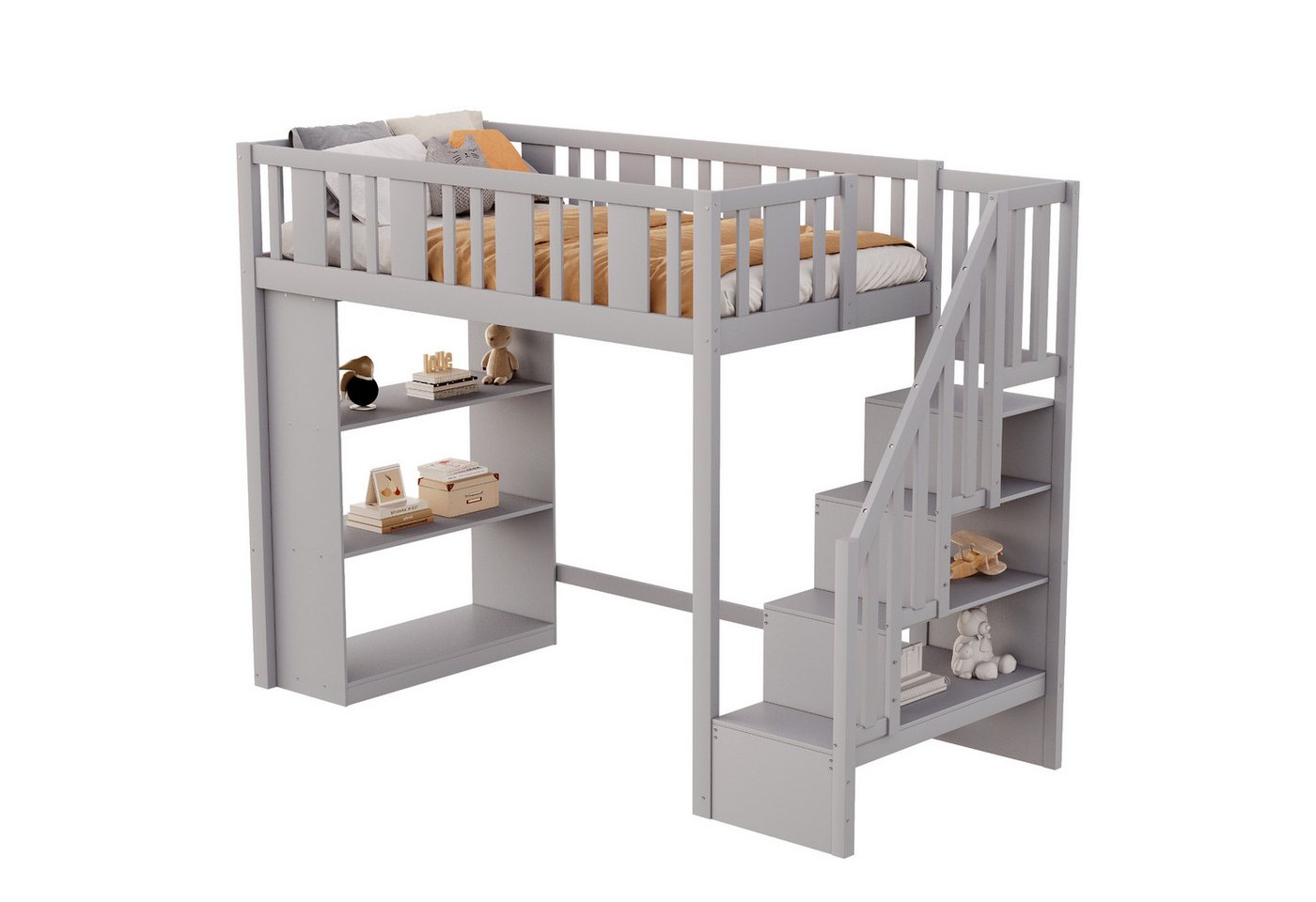 REDOM Kinderbett mit Stauraumtreppe aus Kiefernholz, Sicherheitsleiter (Hochbett mit Stauraum für Spielzeug und Schulmaterial, Etagenbett, ideal für kleine Zimmer 90x200 cm), ohne Matratze von REDOM