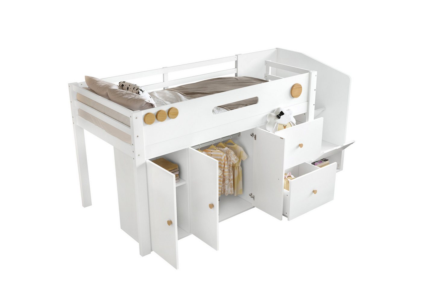 REDOM Kinderbett mit Stauraumtreppe und Kleiderschrank, robustes Kinderbett (Halbhohes Holzbett, 90x200cm), Inklusive Matratze von REDOM