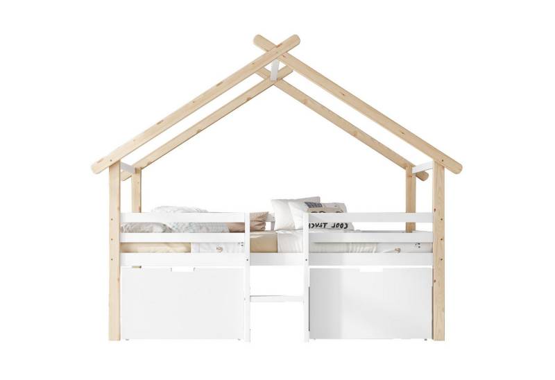 REDOM Kinderbett mit Treppe, 2 Schließfächer mit Rädern, Hausdesign & Dach (Stauraumbett Jugendbett Holzbett 90x200 cm, Kiefer & MDF, für fantasievolles Spiel und praktischen Stauraum), ohne Matratze von REDOM
