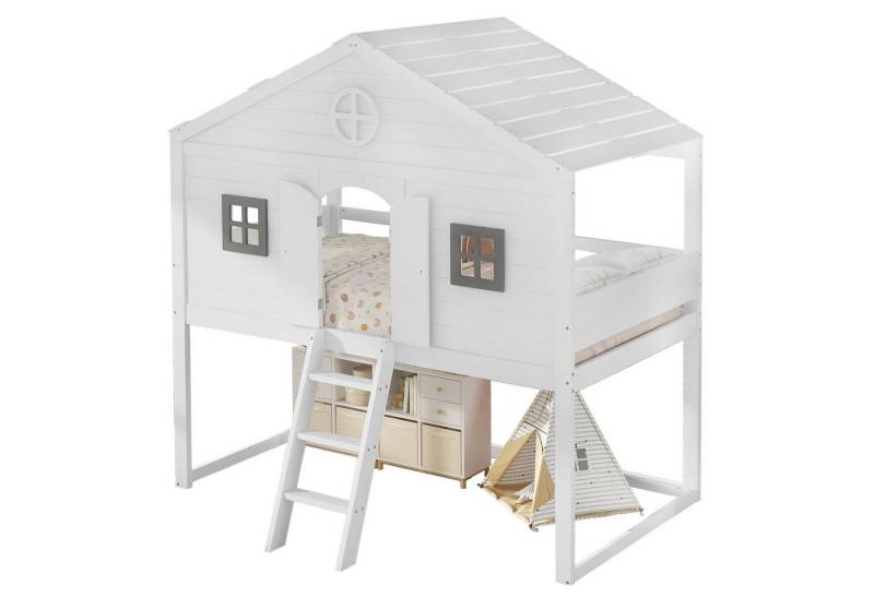 REDOM Kinderbett mit Treppe & Fallschutz, Kinder Hausbett mit 2 Fenstern, 90x200 cm (Holzbett Einzelbett, Spielbett mit Stauraum, sicheres Design, für Kinderzimmer), Ohne Matratze von REDOM