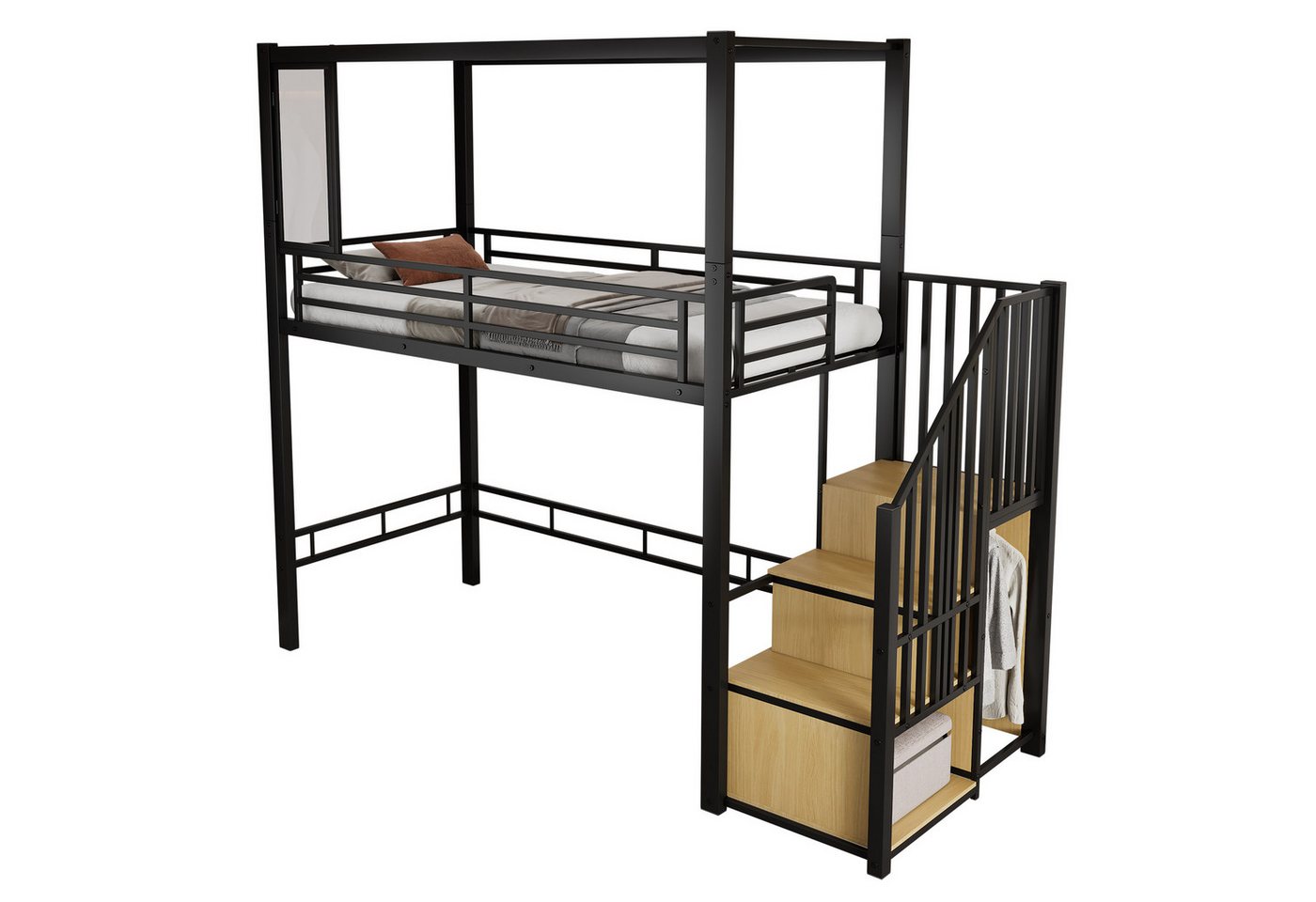 REDOM Kinderbett mit Treppe und Garderobe, vielseitig gestaltbare untere Etage (Metallbett Hochbett aus Eisen + MDF, 90x200cm), ohne Matratze von REDOM