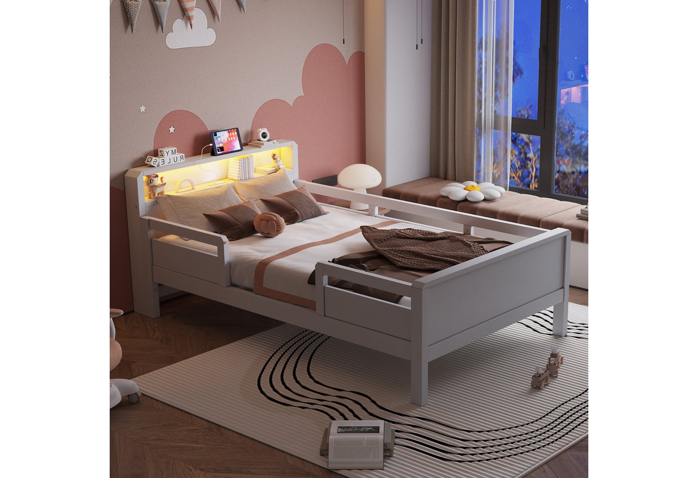REDOM Kinderbett mit USB- und Type-C-Steckdosen, LED-Leuchte & Kopfteil (Holzbett mit Ablage, Einzelbett aus Kiefernholz mit Sicherheitsgitter und Stauraum, 90x200 cm), ohne Matratze von REDOM