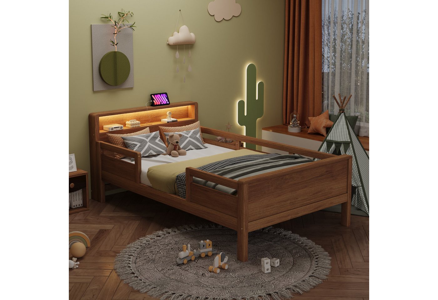 REDOM Kinderbett mit USB- und Type-C-Steckdosen, LED-Leuchte & Kopfteil (Holzbett mit Ablage, Einzelbett aus Kiefernholz mit Sicherheitsgitter und Stauraum, 90x200 cm), ohne Matratze von REDOM