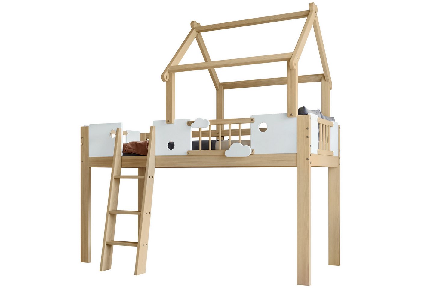 REDOM Kinderbett mit einzigartigem Dachdesign, Fallschutz & Gitter (Hochbett, Dreistufige Leiter und flexibler Stauraum, 90x200 cm), Inklusive Matratze von REDOM