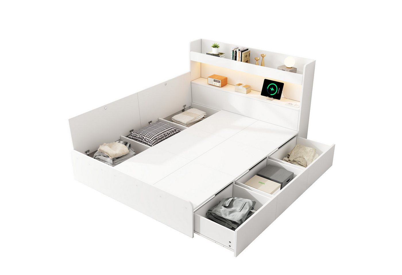 REDOM Kinderbett mit integriertem Beleuchtungssystem (Kinderbett, Jugendbett, Multifunktionales Bett, 2-tlg., 140*200cm, mit Matratze), mit USB-Anschluss und Steckdose, LED-Beleuchtung von REDOM
