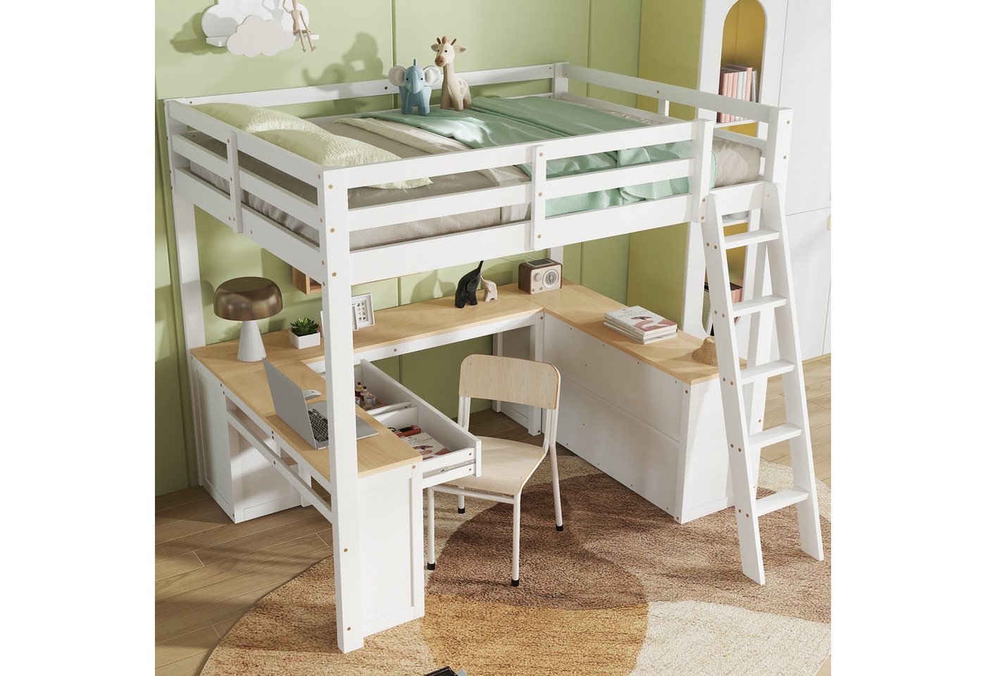 REDOM Kinderbett mit integriertem U-förmigem Schreibtisch, Regal und zwei Schubladen (stabile Holzlattenroste, Kiefer & MDF, Hochbett Jugendbett, 140x200 cm), ohne Matratze von REDOM