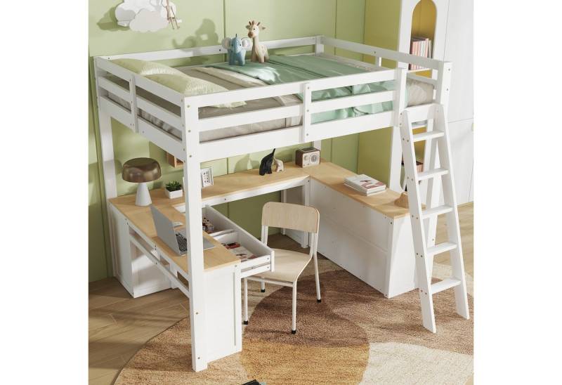 REDOM Kinderbett mit integriertem U-förmigem Schreibtisch, Regal und zwei Schubladen (stabile Holzlattenroste, Kiefer & MDF, Hochbett Jugendbett, 140x200 cm), ohne Matratze von REDOM