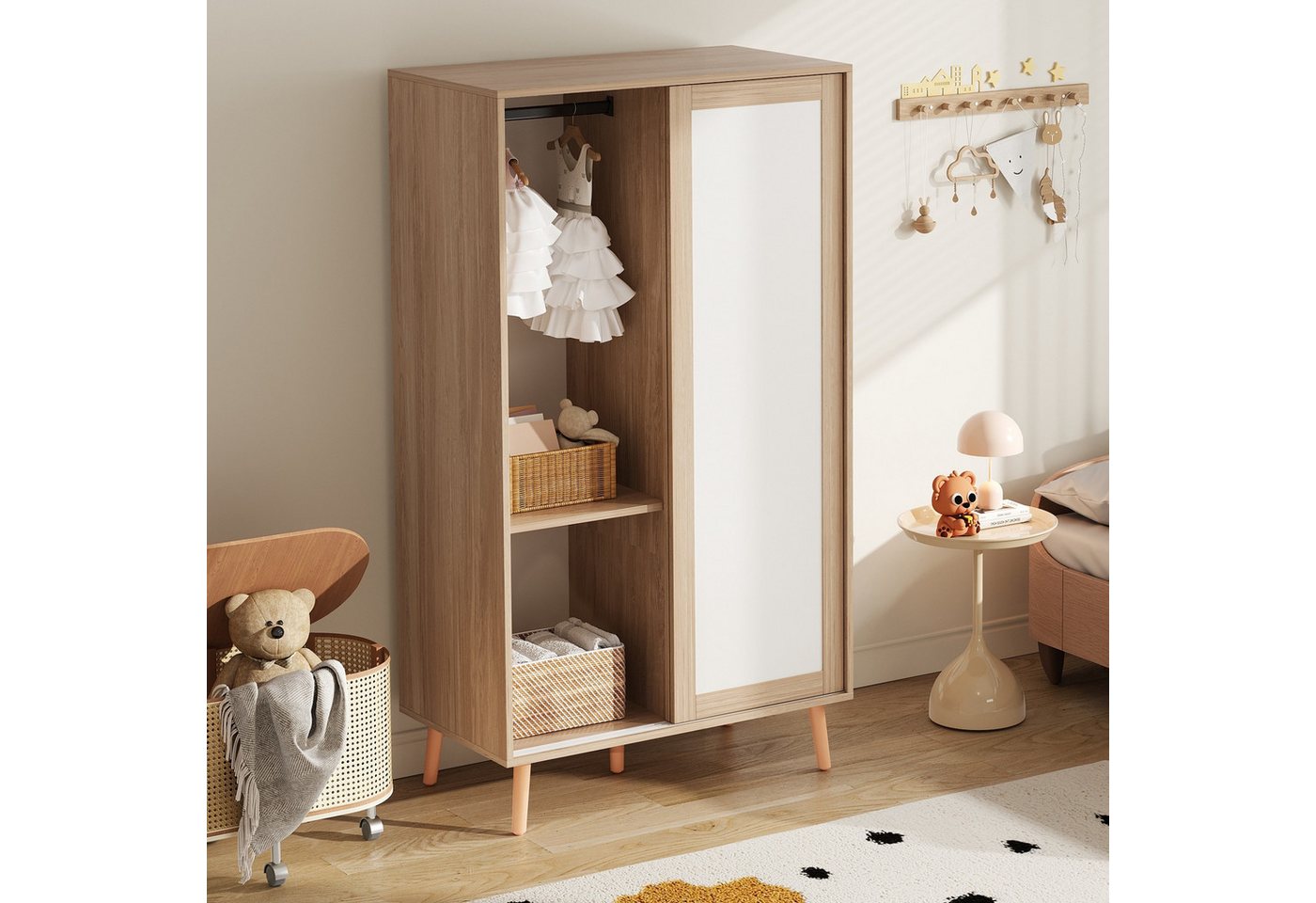REDOM Kleiderschrank Minimalistisches Design in Weiß & Holz (Kinderkleiderschrank, Garderoben-Set, 1-St., Vollholz-Standfüße) Schiebetürenschrank mit Kleiderstange von REDOM