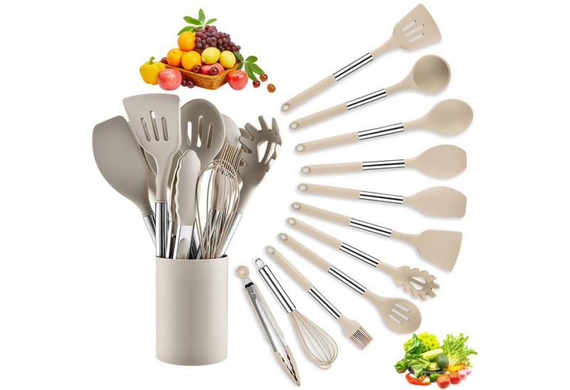 REDOM Kochbesteck-Set 12er Küchenutensilien Set Küchenhelfer (Küchenset mit Utensilienhalter und Aufhängeloch, 12-tlg., aus Silikon und Edelstahl, Antihaft, Hitzebeständig), kratzfest spülmaschinenfest, für Kochen Braten Schöpfen Mischen usw. von REDOM
