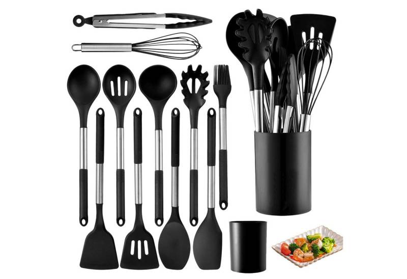 REDOM Kochbesteck-Set 12er Küchenutensilien Set Küchenhelfer (Küchenset mit Utensilienhalter und Aufhängeloch, 12-tlg., aus Silikon und Edelstahl, Antihaft, Hitzebeständig), kratzfest spülmaschinenfest, für Kochen Braten Schöpfen Mischen usw. von REDOM