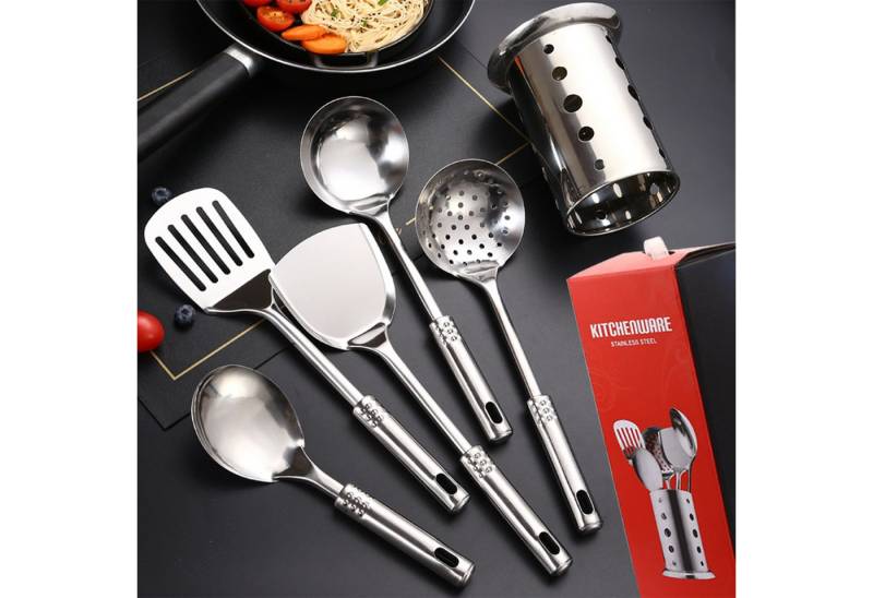 REDOM Kochbesteck-Set 6er Küchenutensilien Set Küchenhelfer mit Halter (aus Edelstahl, 6-tlg., inkl. Pfannenwender Suppenkelle Schaumlöffel Servierlöffel Wokwender), rostfrei spülmaschinenfest langlebig hitzebeständig von REDOM