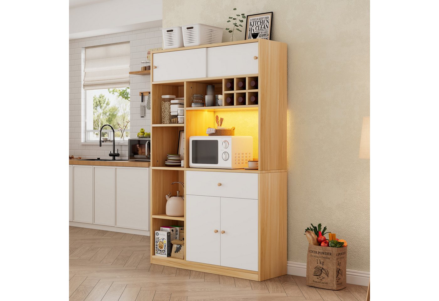 REDOM Küchenbuffet Buffet & Hochschrank (mit LED-Beleuchtung und Stauraum, mit Schublade, 3 Türen und offenen Regalen, ideal für Küche, Esszimmer und Wohnzimmer, 1-St., B115×T35×H180cm) von REDOM