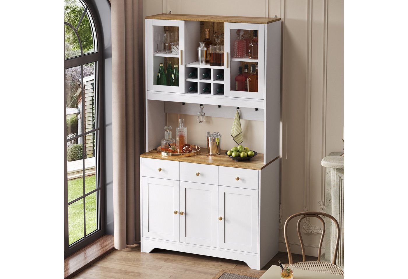 REDOM Küchenbuffet mit weißer und brauner Holzmaserung (Highboard, Standvitrine, 1-St., mit Glastüren,Soft-Close-Scharnieren) mit 5 Türen und 3 Schubladen von REDOM