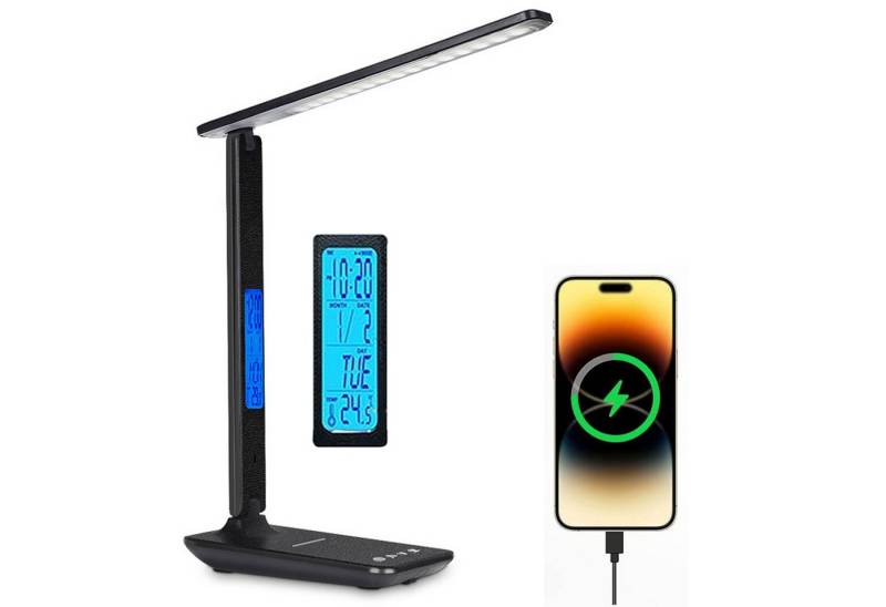 REDOM LED Schreibtischlampe Tischlampe Nachtlicht dimmbar mit 5 Helligkeitsstufen, Ladestation für Handy, LED fest integriert, 3 Farbtemperaturen, mit LCD Display Touch Steuerung faltbar 3-Achsen-Rotation von REDOM