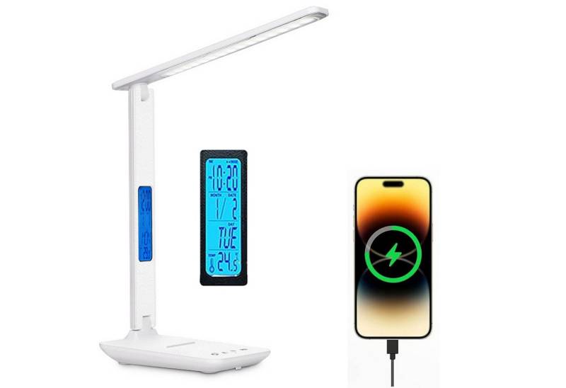 REDOM LED Schreibtischlampe Tischlampe Nachtlicht dimmbar mit 5 Helligkeitsstufen, Ladestation für Handy, LED fest integriert, 3 Farbtemperaturen, mit LCD Display Touch Steuerung faltbar 3-Achsen-Rotation von REDOM