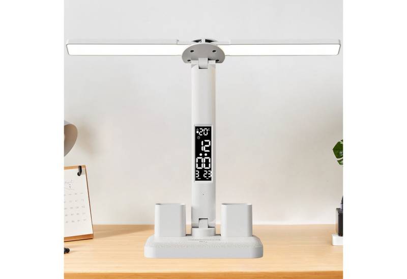 REDOM LED Schreibtischlampe Tischlampe mit Doppel-Lampenkopf Augenschutz Lampe Bürolampe Lernlampe, Einstellbarer Winkel, LED fest integriert, 3 Farbtemperaturen, 360° einstellbar Dimmbare Augenpflege mit Stifthalter Kalender von REDOM