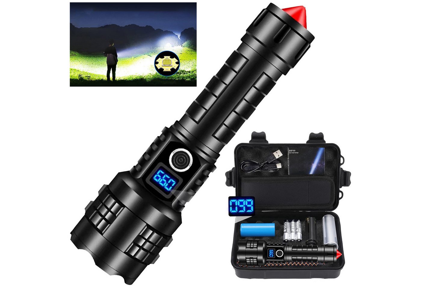 REDOM LED Taschenlampe Aufladbar Wiederaufladbar LED Handlampe 5 Modi (LCD-Anzeige 5000mAh Akku Nothammer Powerbank Funktion, IPX5 wasserdicht einstellbarer Zoom), Ideal für Outdoor Camping Notfälle Abenteuer von REDOM