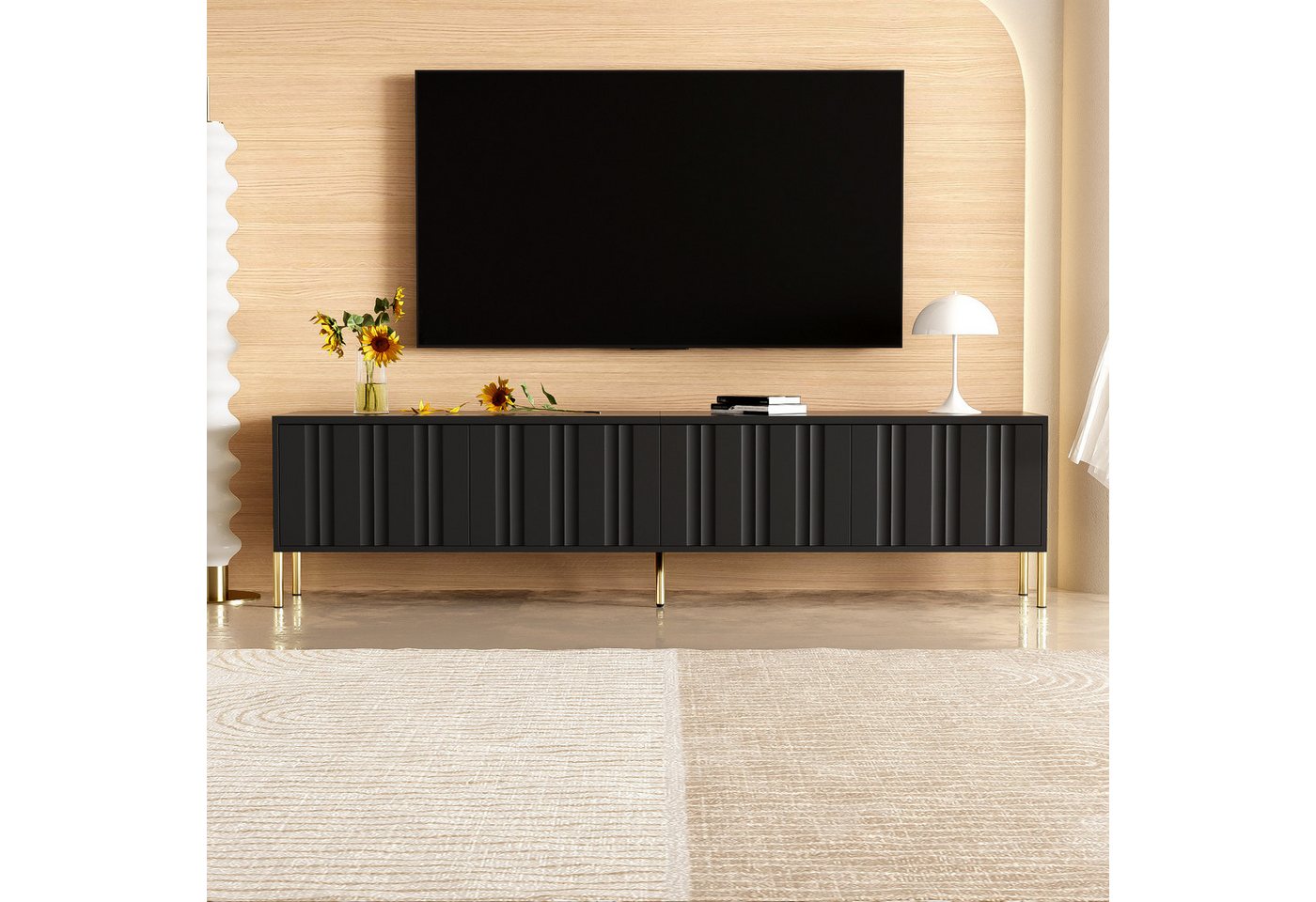 REDOM Lowboard Eleganter TV-Schrank in Schwarz mit goldenen Tischbeinen (mit 4 Türen und 8 Regalböden, 15 cm hohen Beinen), mit vertikalem Rillen-Design von REDOM