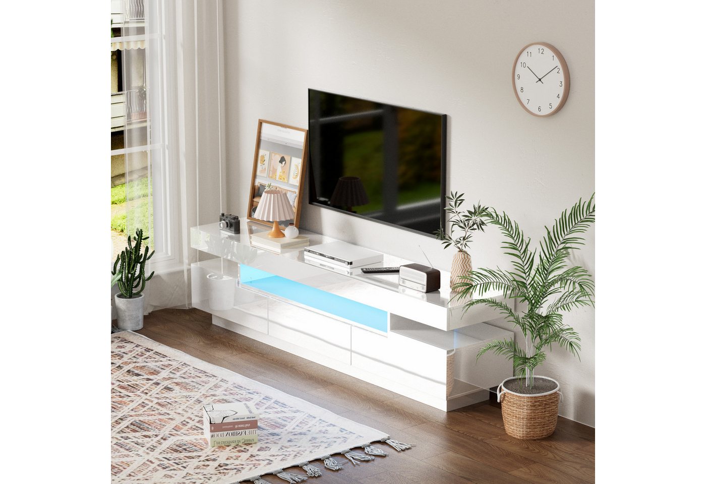 REDOM Lowboard Fernsehtisch (großer Stauraum, TV-Schrank mit farbwechselnder LED-Lichtleiste), mit Schublade und Klapptüren, 160*42*35cm von REDOM