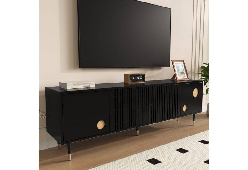 REDOM Lowboard mit Kippschutz Design (TV-Möbel, Fernsehschrank, 1 St., Gitter Goldakzenten), mit Push-to-Open, verdeckten Griffen von REDOM