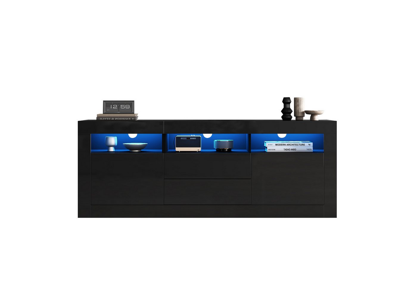REDOM Lowboard Moderner Hochglanz-TV-Schrank mit LED-Beleuchtung (TV-Ständer für 70-Zoll-Fernseher, 3 offenen Fächern, 2 Türen, 2 Schubladen), mit LED-Beleuchtung von REDOM