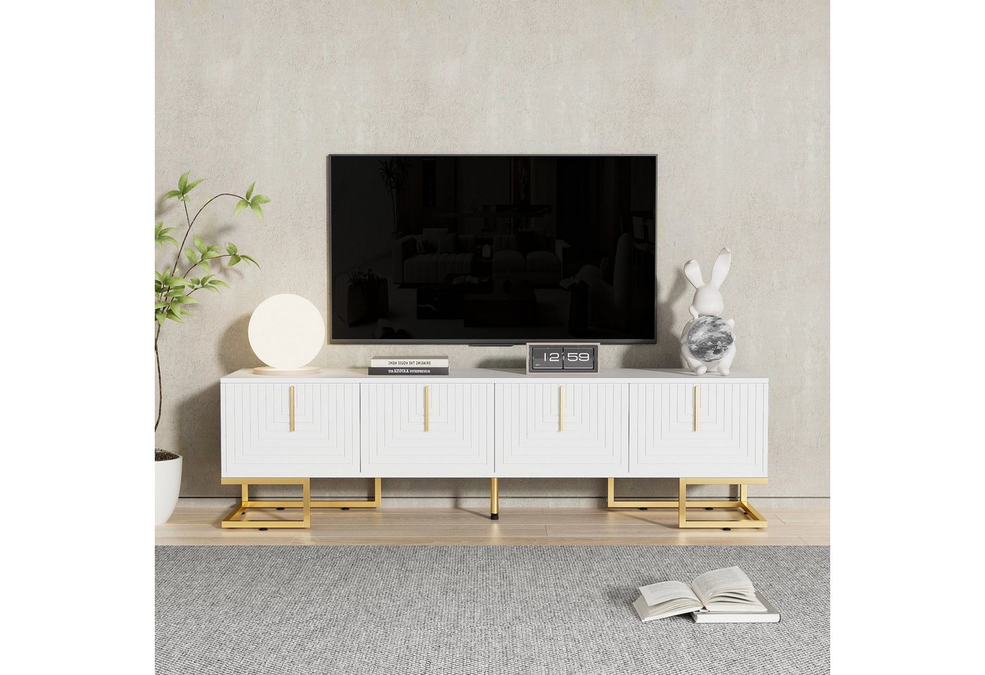 REDOM Lowboard Moderner TV-Schrank in Weiß mit goldenen Akzenten (Fernsehtisch, TV Board, 1 St., 170x40x45,5 cm), mit strukturierter Front,goldenen Metallgriffen von REDOM