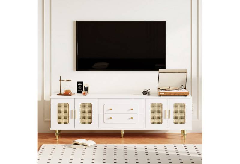 REDOM Lowboard TV-Schrank 177cm mit Rattan Türen (TV-Möbel, Medienkonsole, Fernsehtisch mit 2 Schubladen), 175*38*55,5cm, mit Push-to-Open-Funktion von REDOM