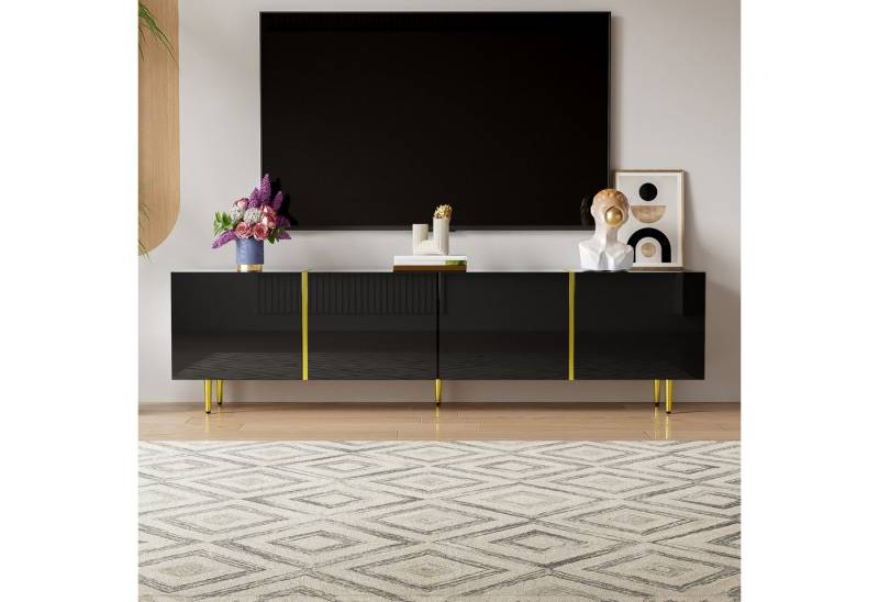 REDOM Lowboard TV-Schrank Schwarz Hochglanz mit Gold-Akzenten (einfacher Montage, mit Soft-Close-Türen), mit 4 Türen – viel Platz für Bücher von REDOM