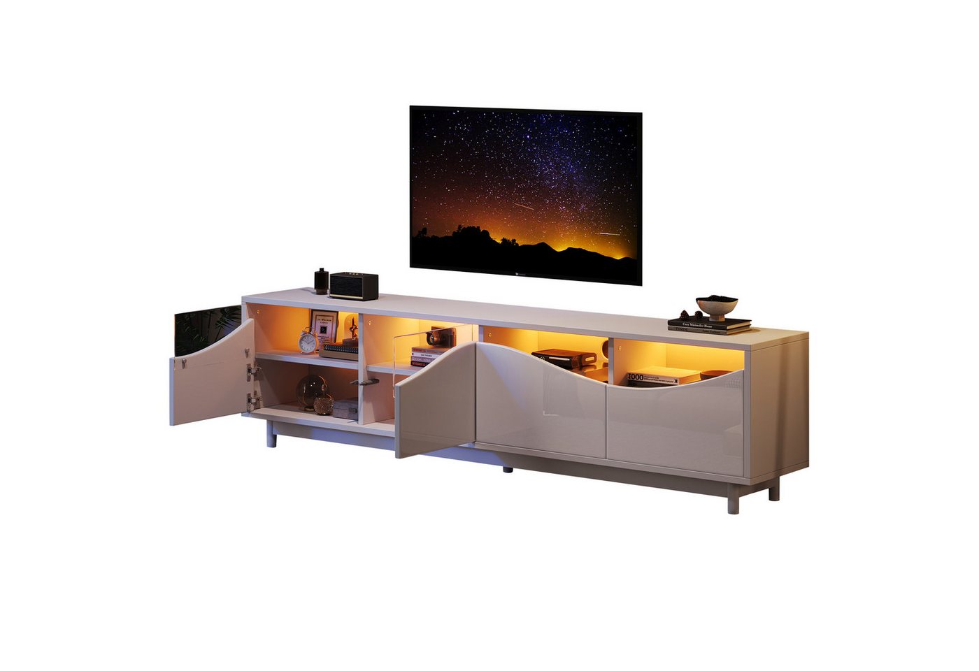 REDOM Lowboard TV-Schrank für Fernseher bis 70 Zoll (Fernsehtisch,TV-Board,TV-Ständer, Wohnzimmermöbel, 1 St., 4 Türen), hochglänzend, mit Schranktür aus gehärtetem Glas+MDF, LED-Beleuchtung von REDOM