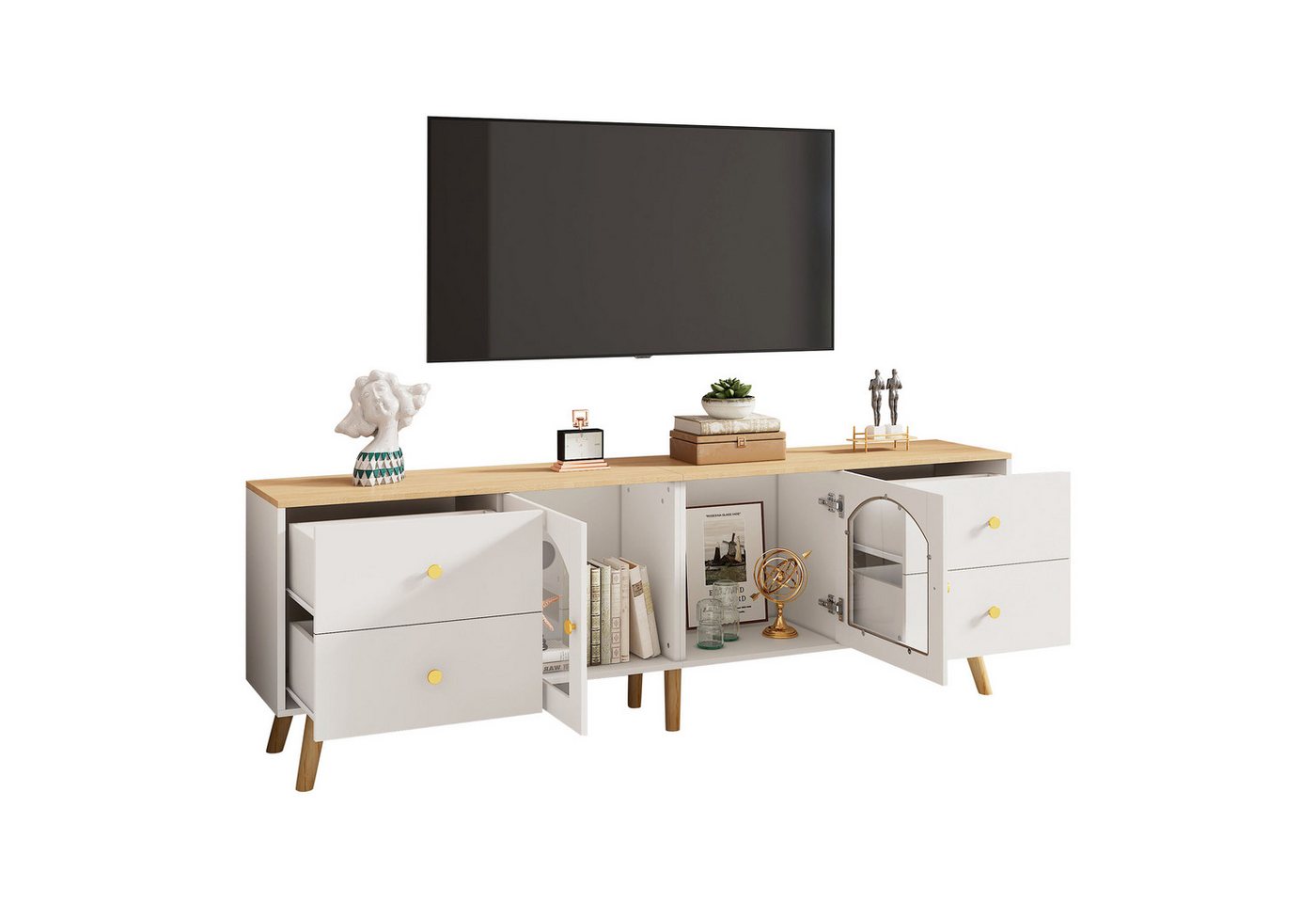 REDOM Lowboard TV-Schrank mit 4 Schubladen 2 Glastüren (Fernsehtisch,TV-Board,TV-Ständer, Wohnzimmermöbel, TV-Panel, 1 St., mit 2 Seitentüren Hartglas, 4 Schubladen), TV-Entertainment Dekotisch mit geschwungenem Design von REDOM
