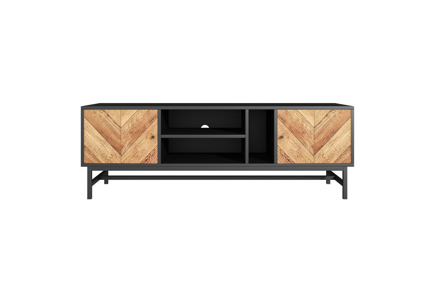 REDOM Lowboard TV-Schrank modern in Schwarz und Holzoptik (TV-Schrank Fernsehtisch,TV-Board,TV-Ständer, 1 St., 3 offene Fächer, 2 Türen), mit umgedrehten V-Form Holztür von REDOM