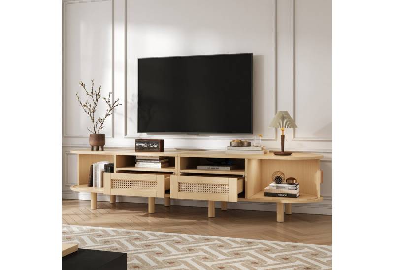 REDOM Lowboard TV-Schrank ovaler Fernsehtisch (TV-Board und TV-Kommode, 1 St., mit 2 Rattan Design Schubladen,2 Schiebetür), mit Massivholzbeinen von REDOM