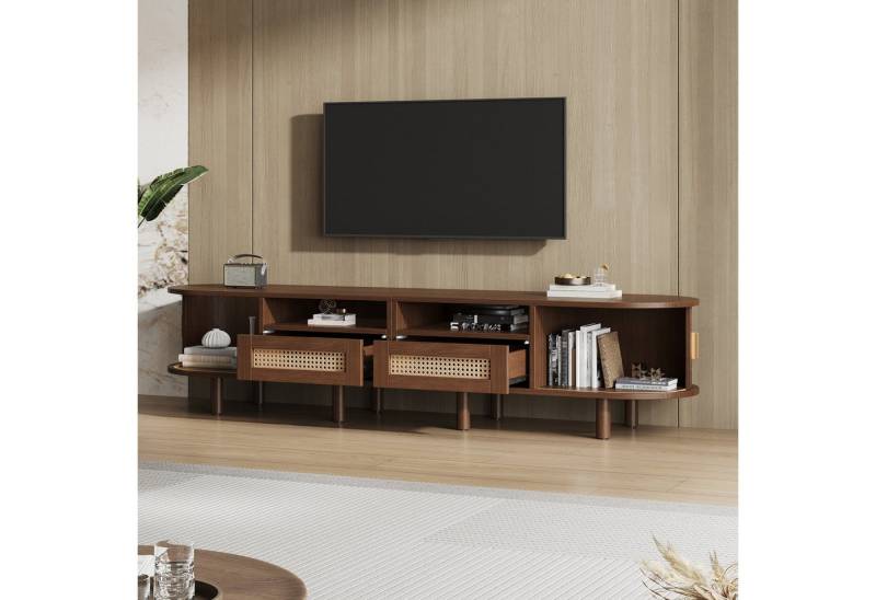 REDOM Lowboard TV-Schrank ovaler Fernsehtisch (TV-Board und TV-Kommode, 1 St., mit 2 Rattan Design Schubladen,2 Schiebetür), mit Massivholzbeinen von REDOM