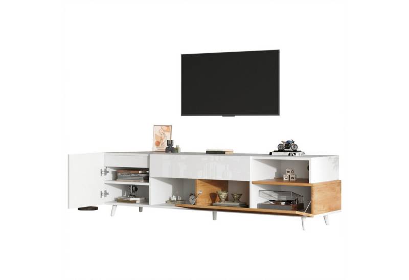 REDOM Lowboard in Weiß und Holzoptik (Wohnzimmermöbel, Fernsehtisch, 1 St., mit 7 Ablagefächern), für Fernseher um die 75 Zoll von REDOM