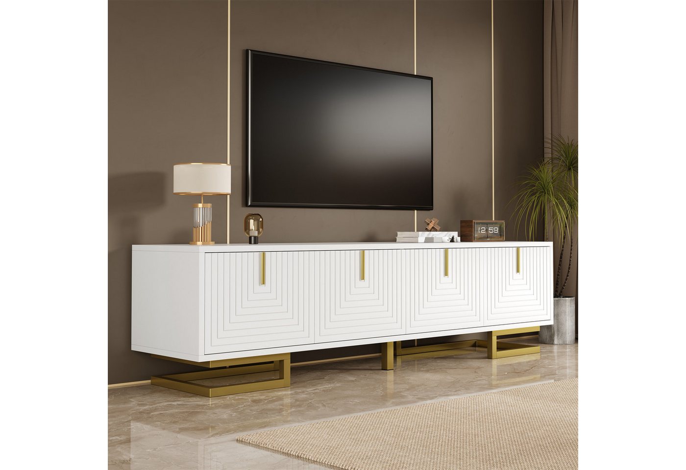 REDOM Lowboard mit Goldene Beine und vertikale Griffe (TV-Möbel, Fernsehschrank, 1 St., langlebig und stabil,verstellbare Füße), mit Licht- und Schatteneffekt, gedämpfte Scharniere von REDOM