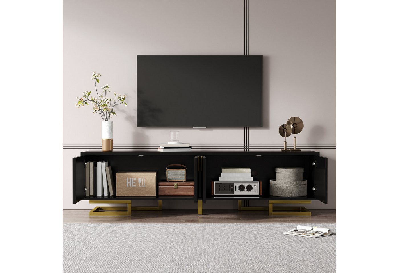 REDOM Lowboard mit Goldene Beine und vertikale Griffe (TV-Möbel, Fernsehschrank, 1 St., langlebig und stabil,verstellbare Füße), mit Licht- und Schatteneffekt, gedämpfte Scharniere von REDOM