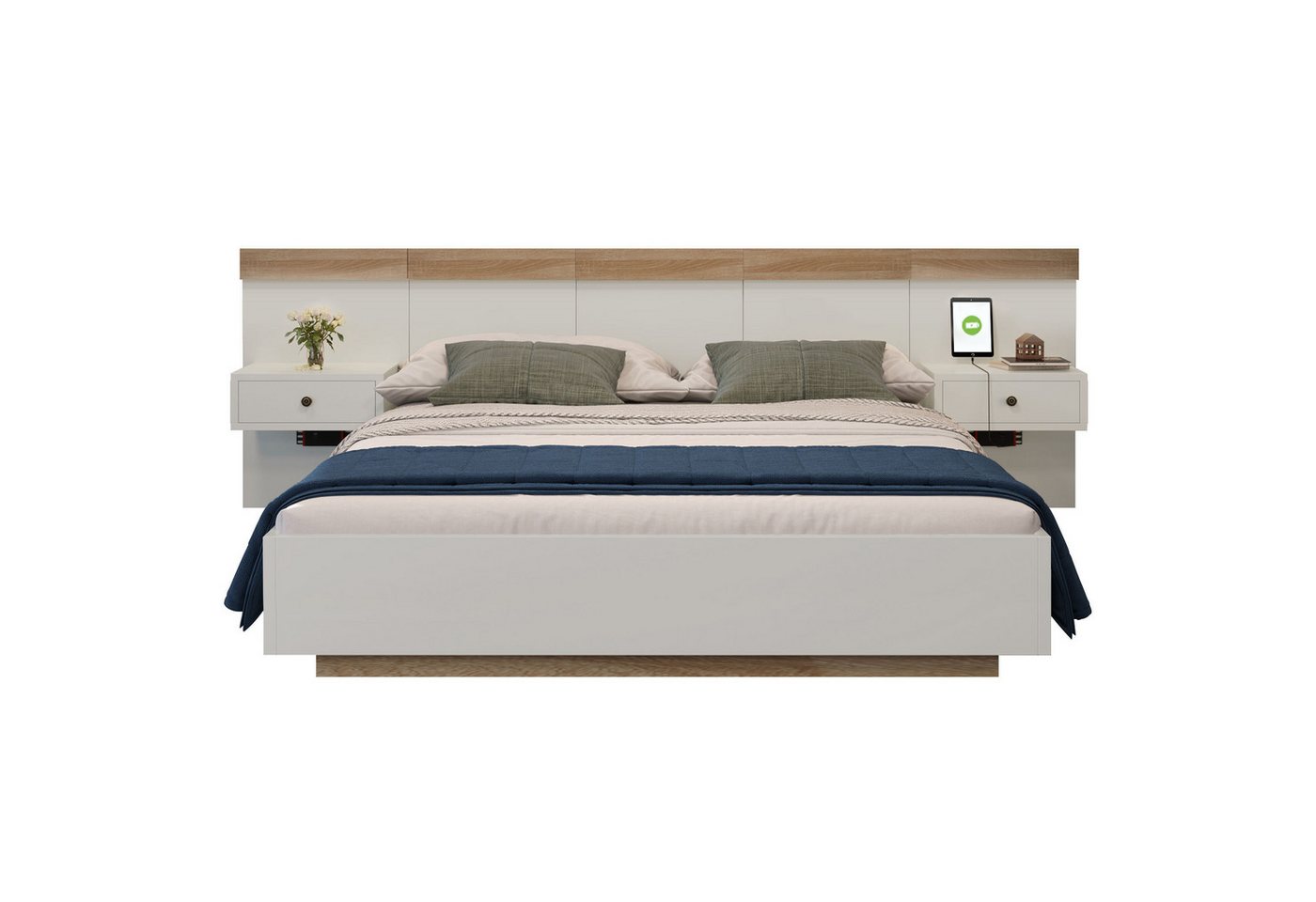 REDOM Massivholzbett Doppelbett Holzbett (Kiefernholz Doppelbett 2 Nachttische mit LED und Steckdose), 140x200cm von REDOM