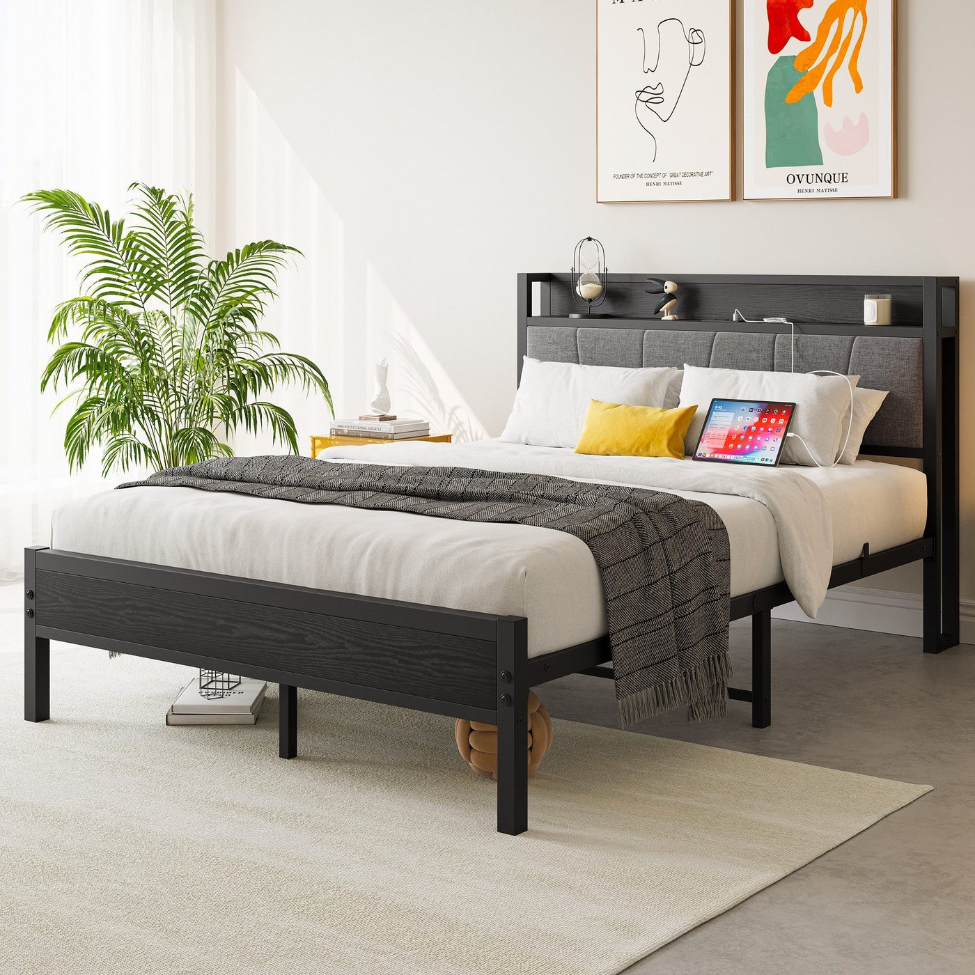 REDOM Metallbett Stauraum-Kopfteil (Einfach zu montieren, kostengünstige Wahl, 1-tlg., Metallbett mit 1 Steckdosen, 2 USB-Ladeanschlüssen), 140x200cm,ohne Matratze von REDOM